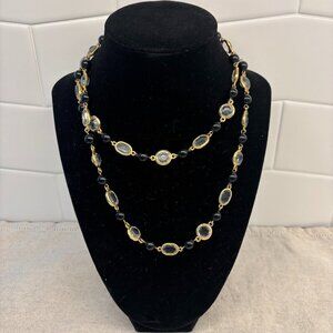 Vintage Trifari Black & Clear Beaded Gold Tone Necklace - 30 inches
